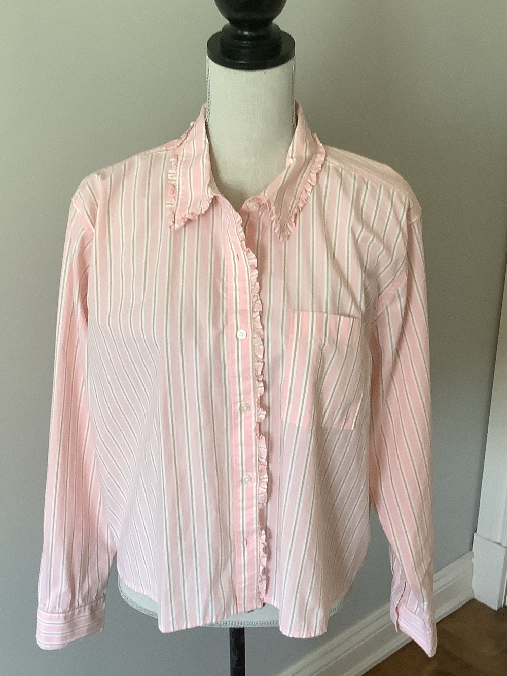 Lands' End Pink and White Striped Ruffle Collar Shirt in Cotton